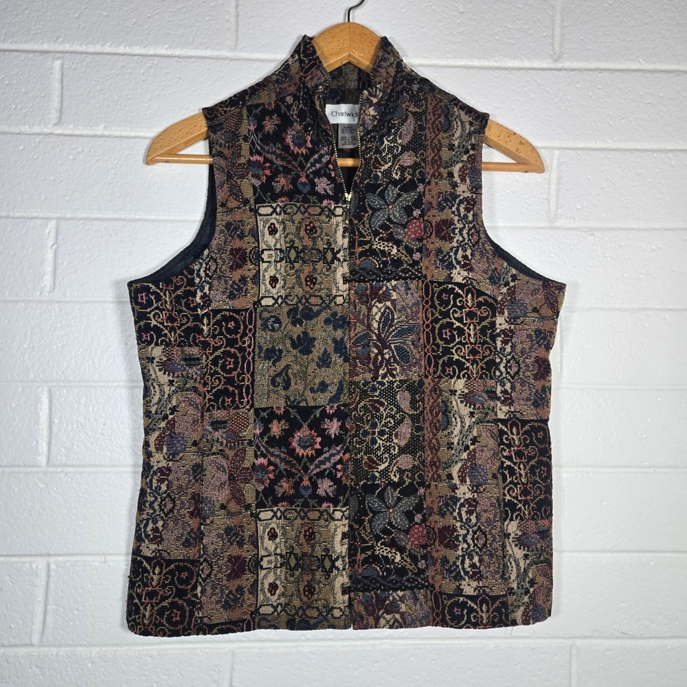Vtg Chadwicks Patchwork Tapestry Vest 12‎ Cottage Full Zip Boho Artsy Folksy